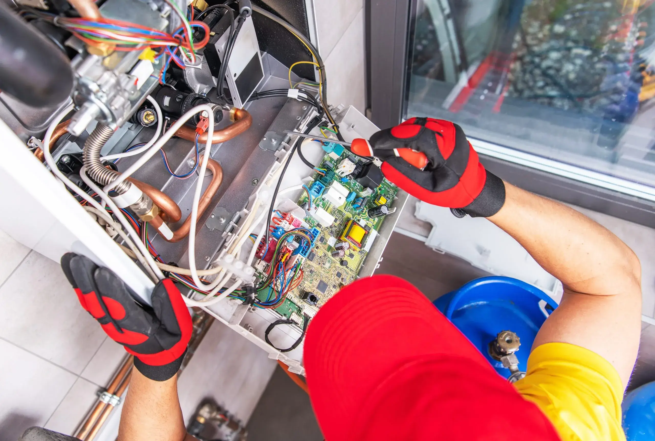 A technician, wearing gloves and a cap, repairs an appliance's internal components